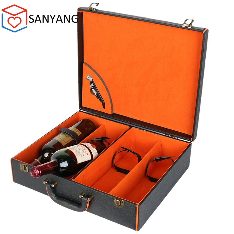 Leather Coated 4 Bottles Wine Package Box with Wine Opener Corkscrew Cup
